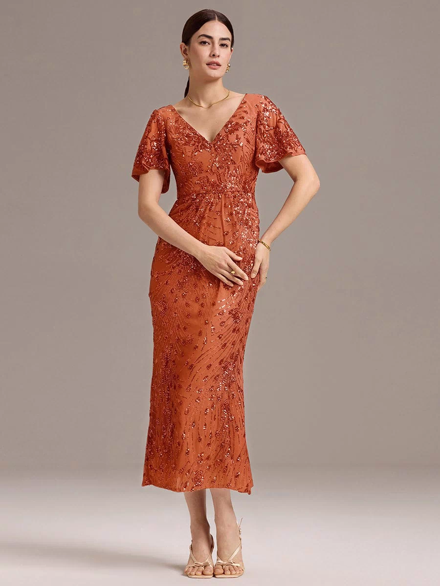 Sequin Ruffle Sleeve Evening Dress #color_Burnt Orange