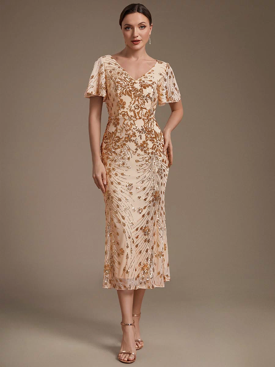 Sequin Ruffle Sleeve Evening Dress #color_Gold