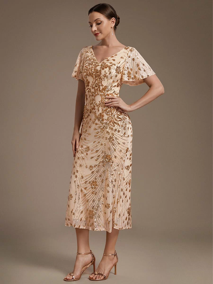 Sequin Ruffle Sleeve Evening Dress #color_Gold