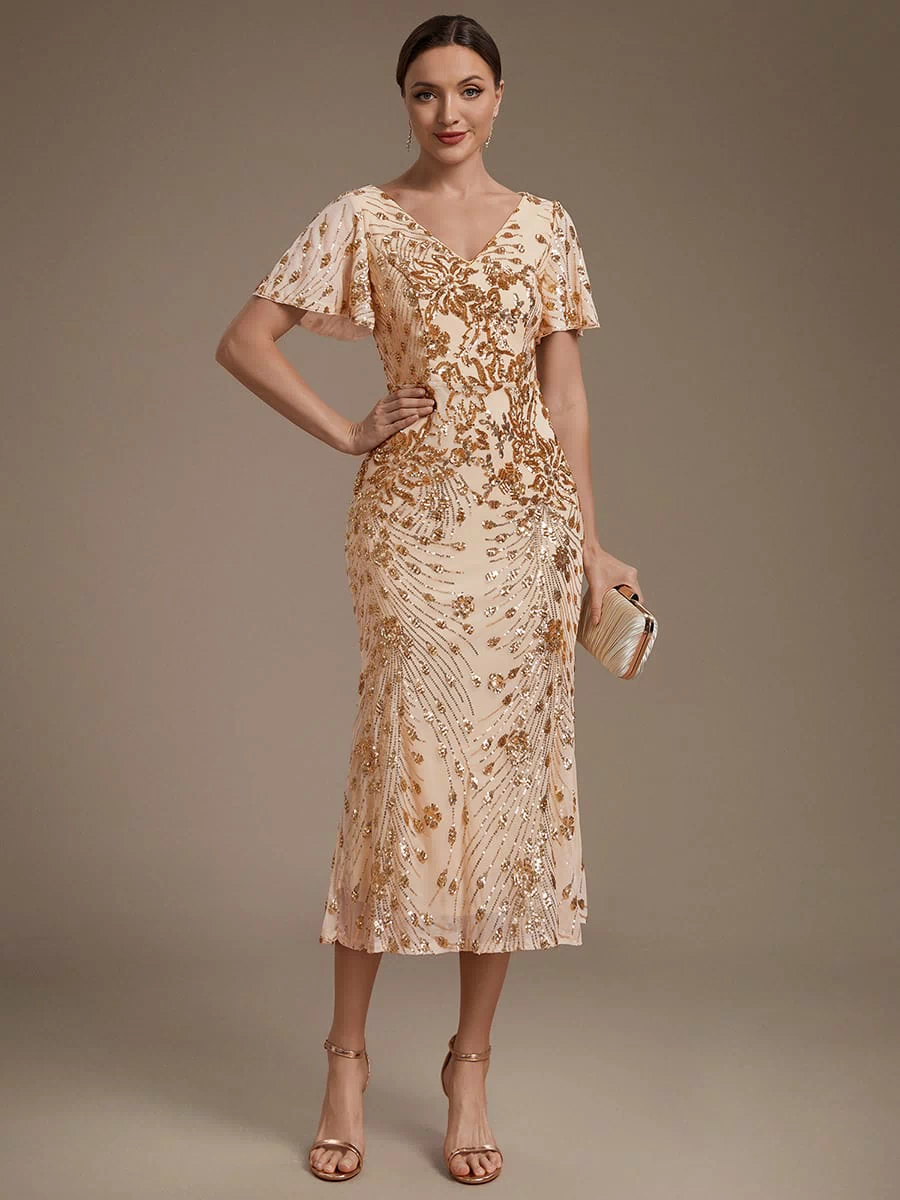 Sequin Ruffle Sleeve Evening Dress #color_Gold