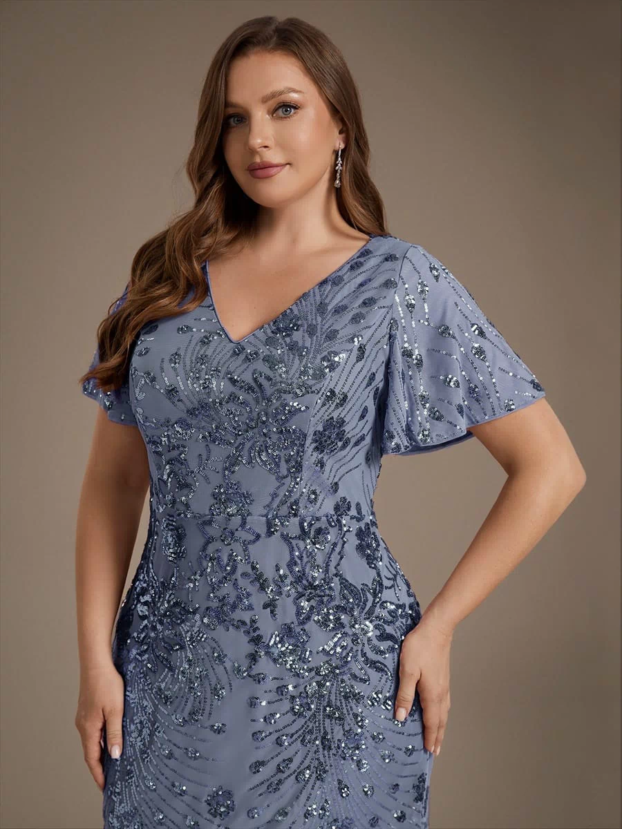 Sequin Ruffle Sleeve Evening Dress #color_Dusty Blue