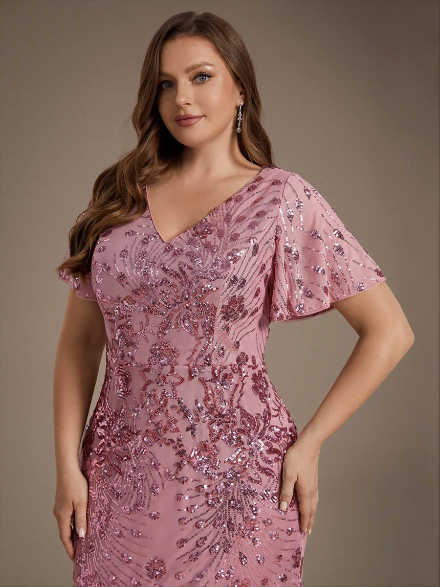 Sequin Ruffle Sleeve Evening Dress #color_Purple Orchid