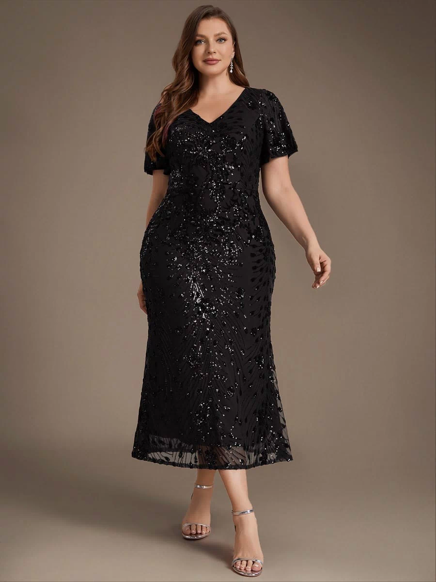 Sequin Ruffle Sleeve Evening Dress #color_Black