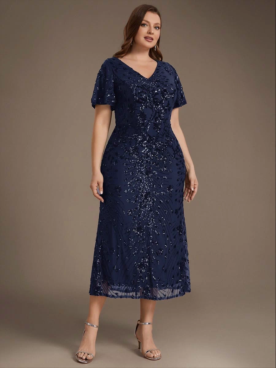 Sequin Ruffle Sleeve Evening Dress #color_Navy Blue