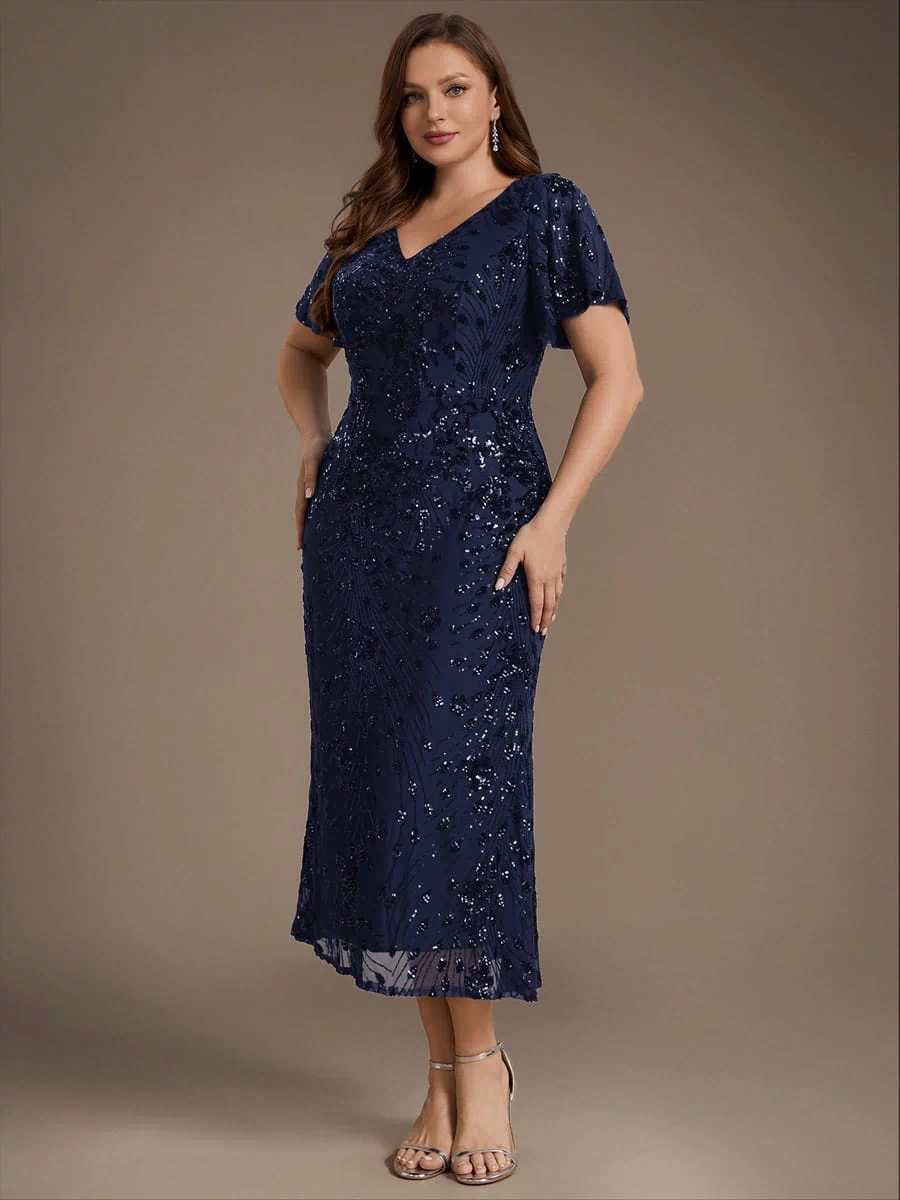 Sequin Ruffle Sleeve Evening Dress #color_Navy Blue