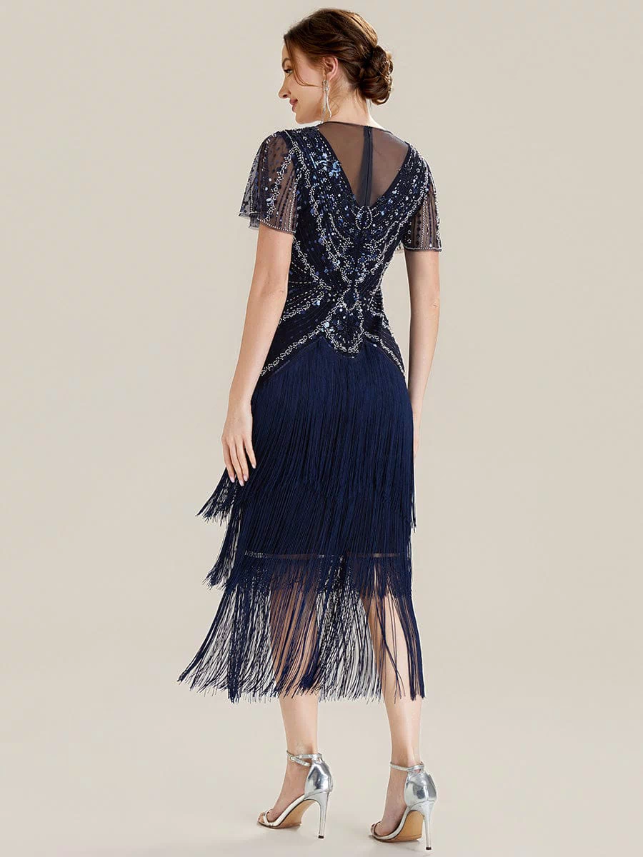Sequin Ruffle Sleeve Tiered Dress #color_Navy Blue