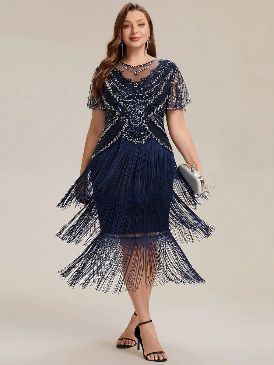 Sequin Ruffle Sleeve Tiered Dress #color_Navy Blue