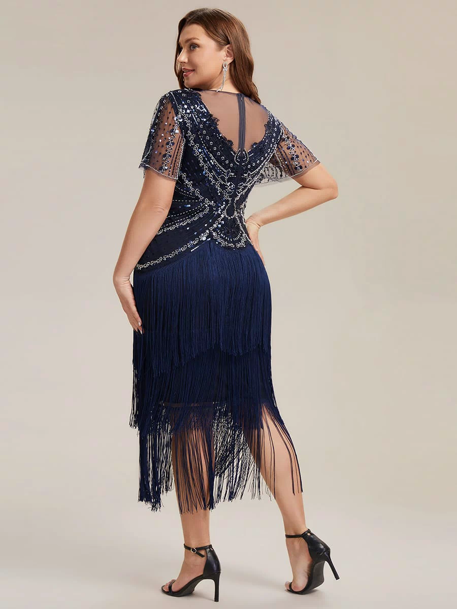 Sequin Ruffle Sleeve Tiered Dress #color_Navy Blue
