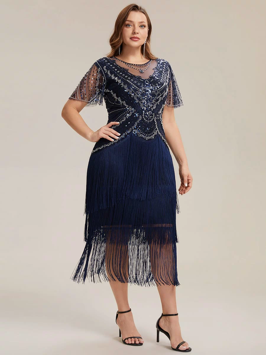 Sequin Ruffle Sleeve Tiered Dress #color_Navy Blue
