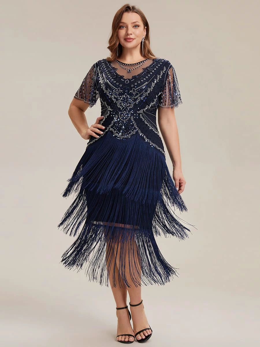 Sequin Ruffle Sleeve Tiered Dress #color_Navy Blue