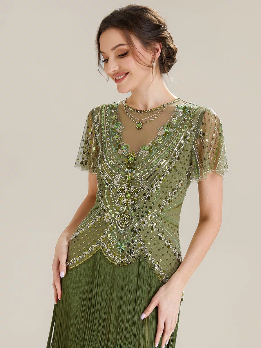 Sequin Ruffle Sleeve Tiered Dress #color_Olive Green