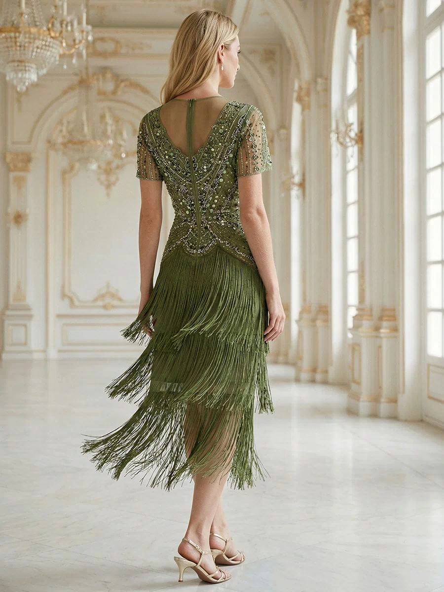 Sequin Ruffle Sleeve Tiered Dress #color_Olive Green
