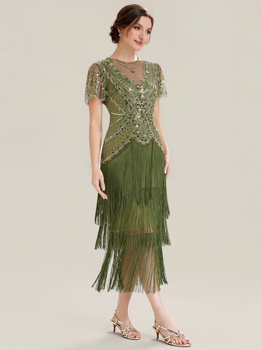 Sequin Ruffle Sleeve Tiered Dress #color_Olive Green