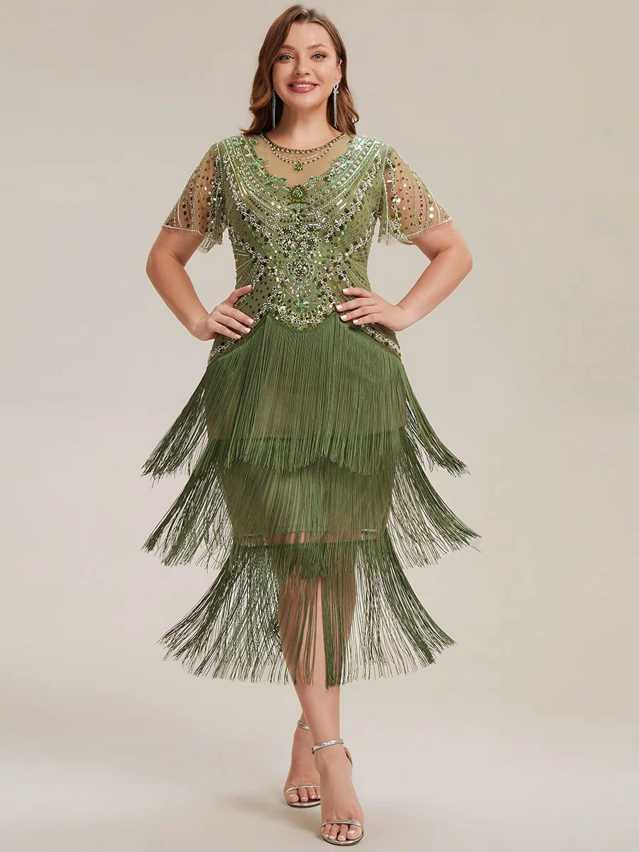 Sequin Ruffle Sleeve Tiered Dress #color_Olive Green