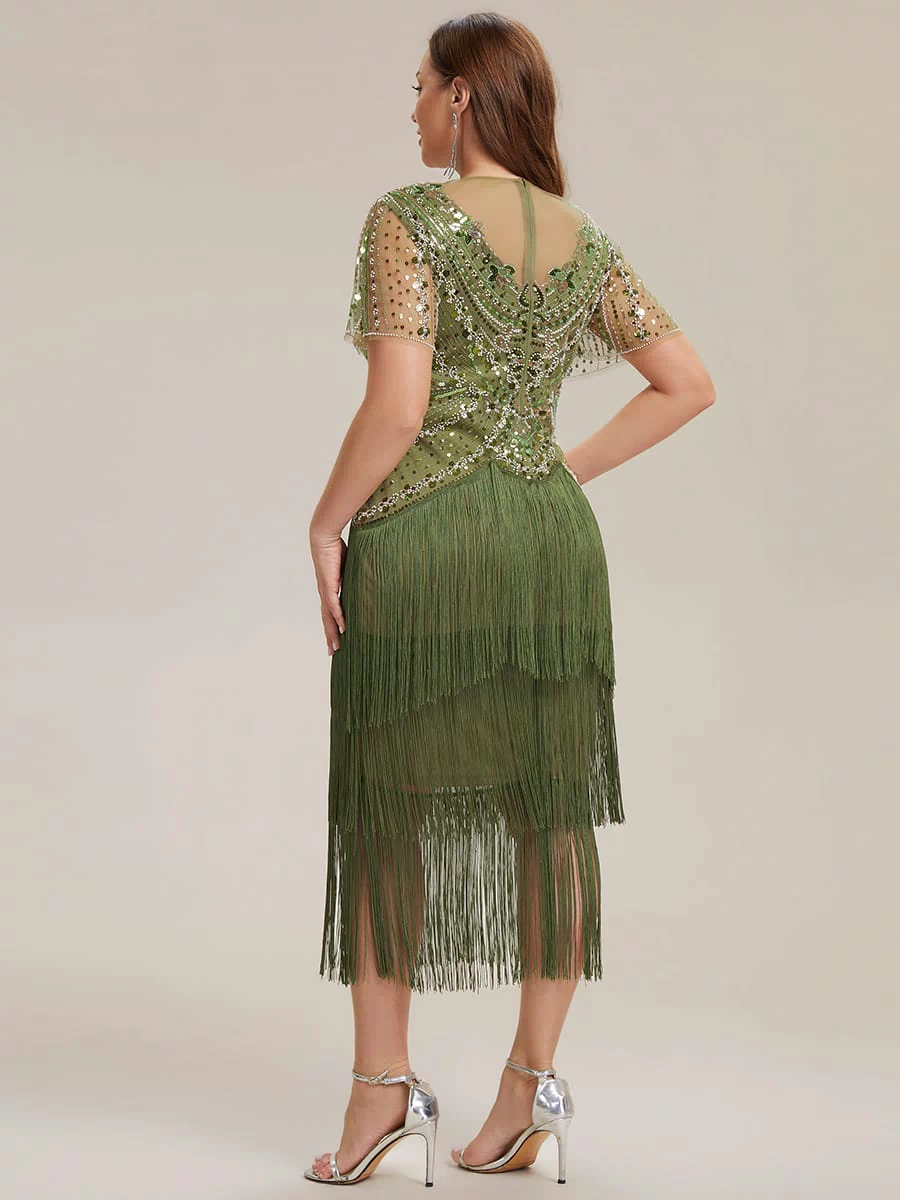 Sequin Ruffle Sleeve Tiered Dress #color_Olive Green