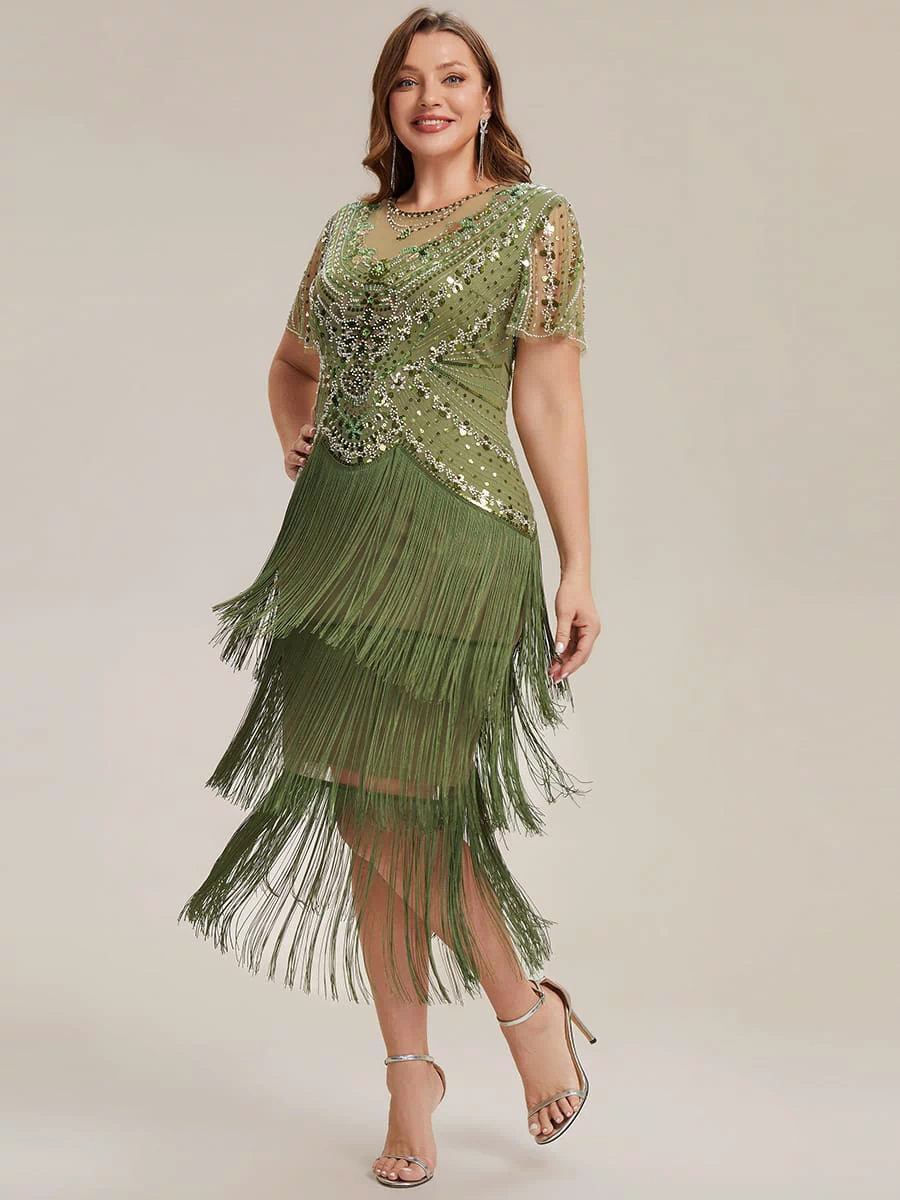 Sequin Ruffle Sleeve Tiered Dress #color_Olive Green
