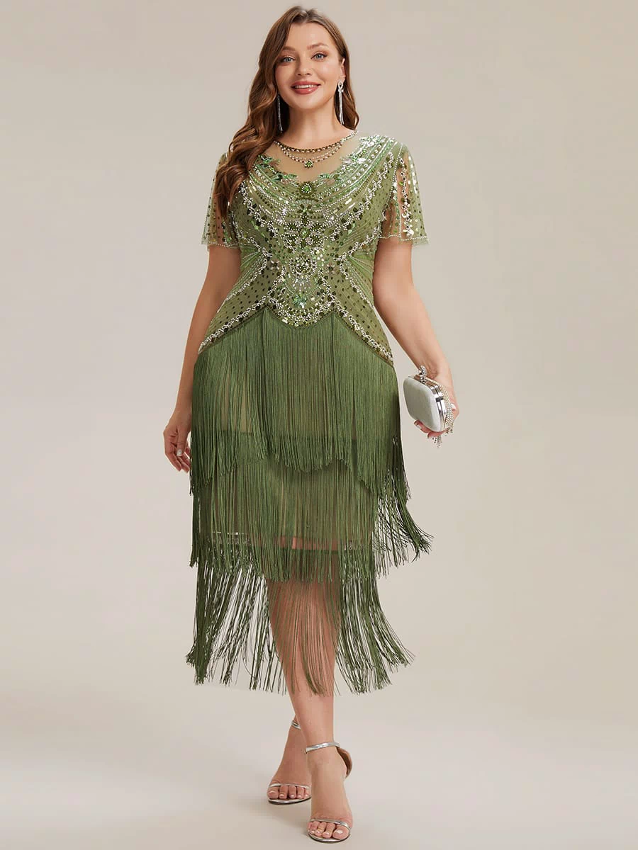 Sequin Ruffle Sleeve Tiered Dress #color_Olive Green