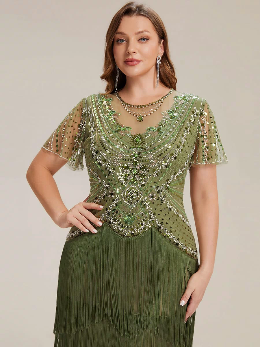 Sequin Ruffle Sleeve Tiered Dress #color_Olive Green