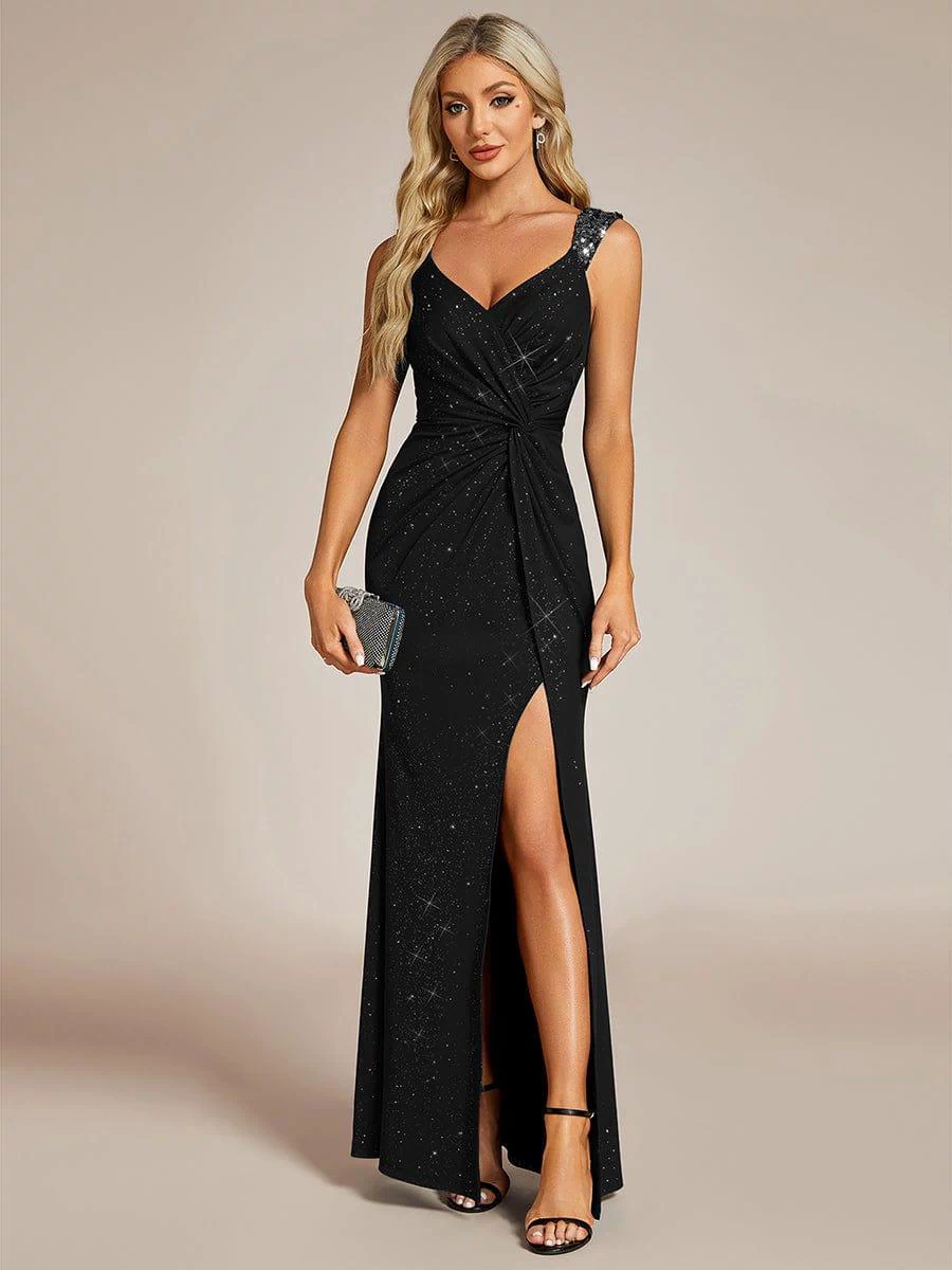ever NOIRE|Sequin Shoulder Strap Twist High Slit Prom Dress