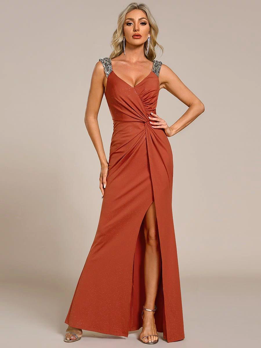 Glitter V-Neck High Slit Sequin Shoulder Strap Evening Dress #color_Burnt Orange