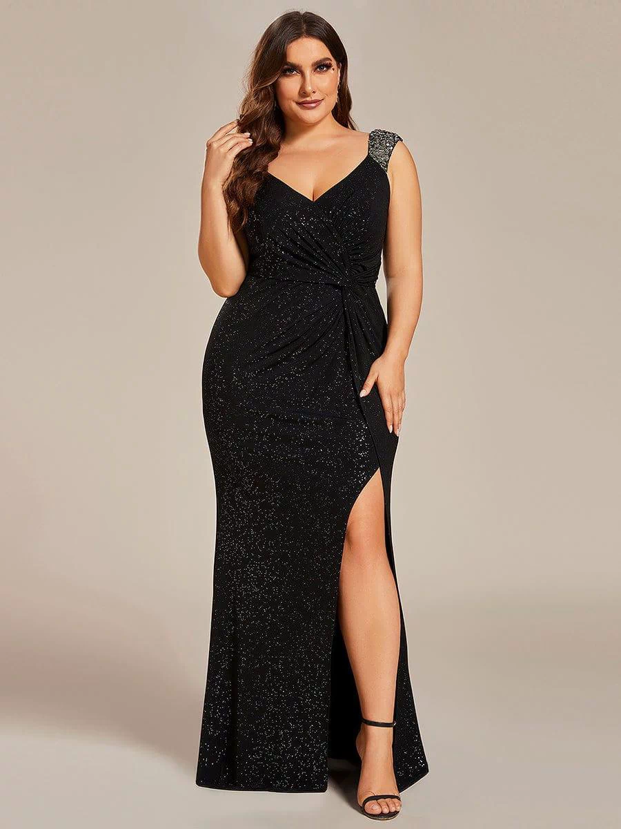 Glitter V-Neck High Slit Sequin Shoulder Strap Evening Dress #color_Black