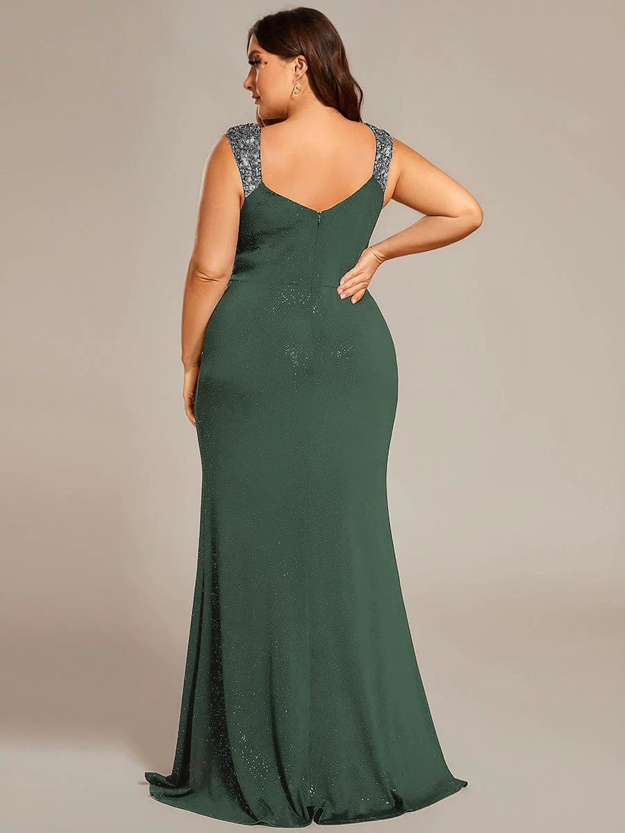 Glitter V-Neck High Slit Sequin Shoulder Strap Evening Dress #color_Eucalyptus