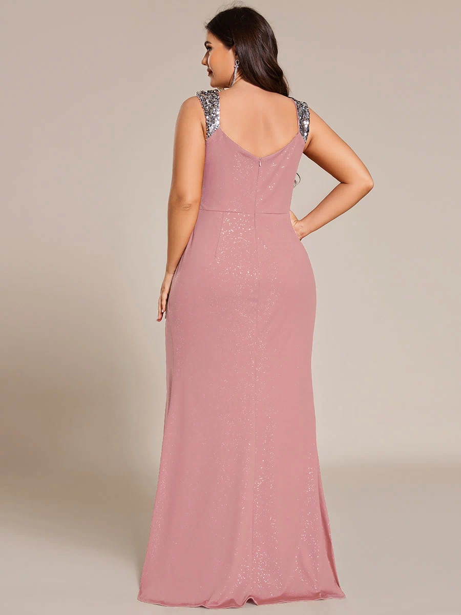 Glitter V-Neck High Slit Sequin Shoulder Strap Evening Dress #color_Dusty Rose