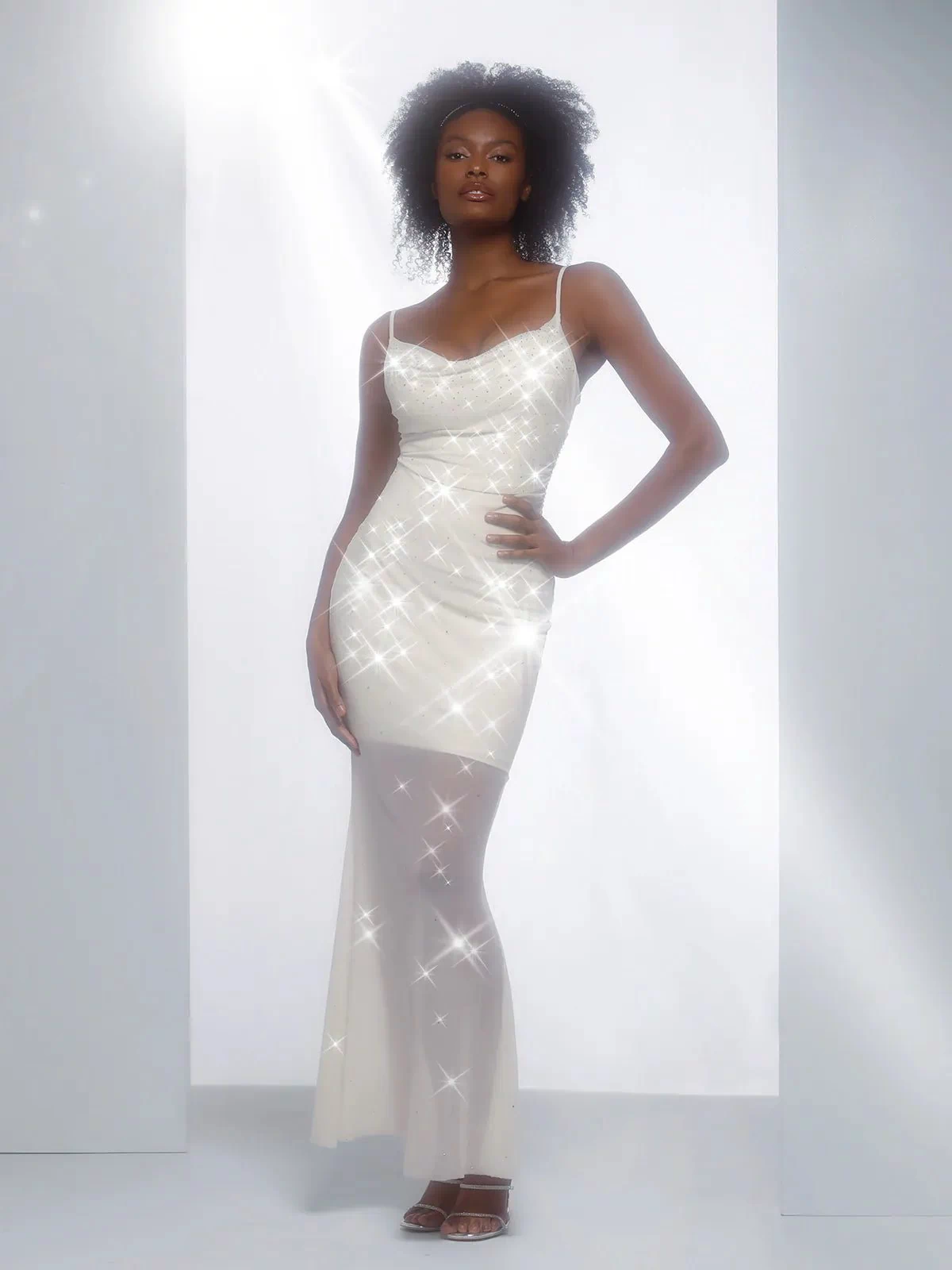 Popilush® shapewear maxi dress, crystal mesh and sheer tulle skirt.
