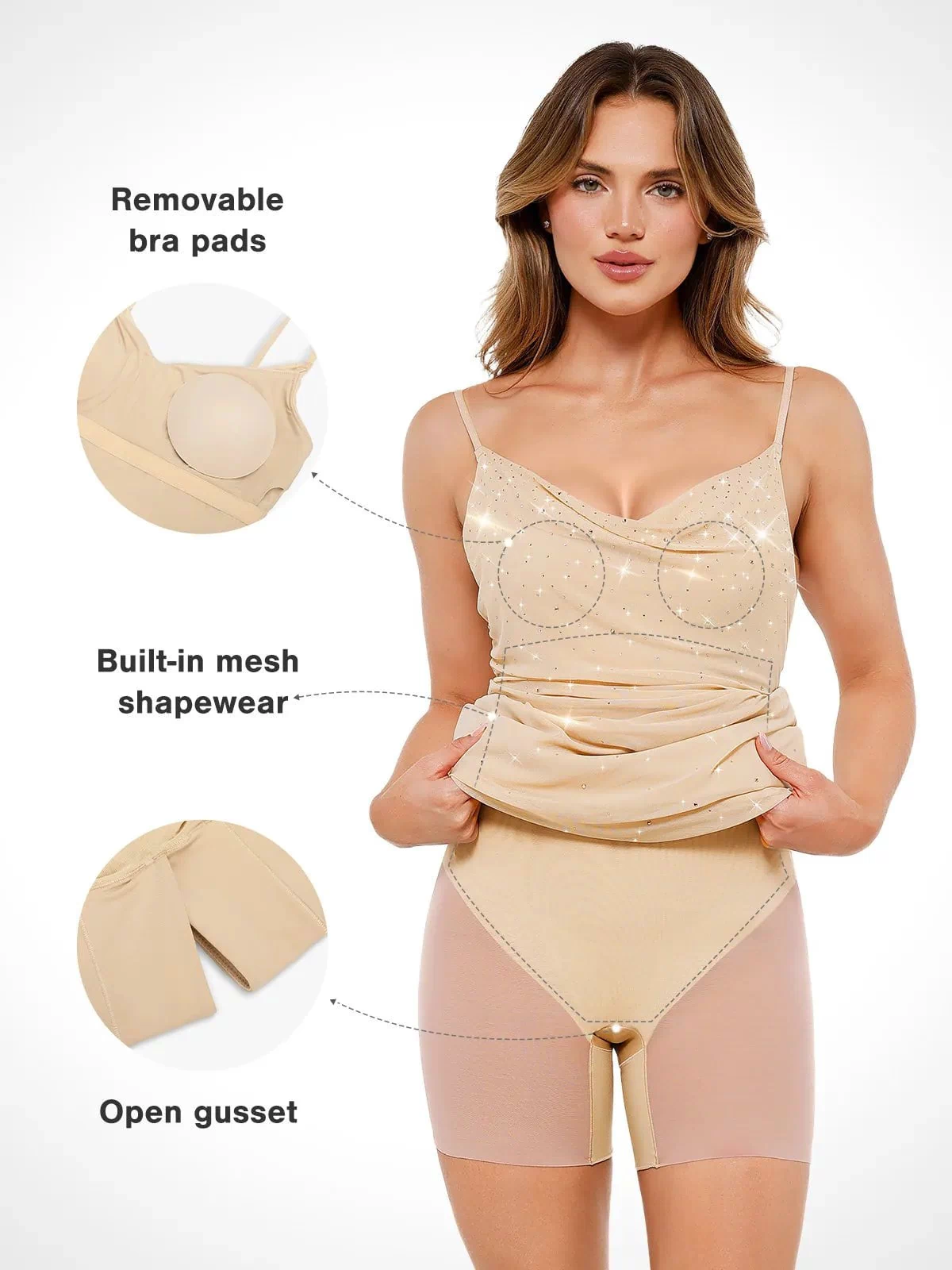 Shapewear with removable pads, mesh, and open gusset. Popilush® design
