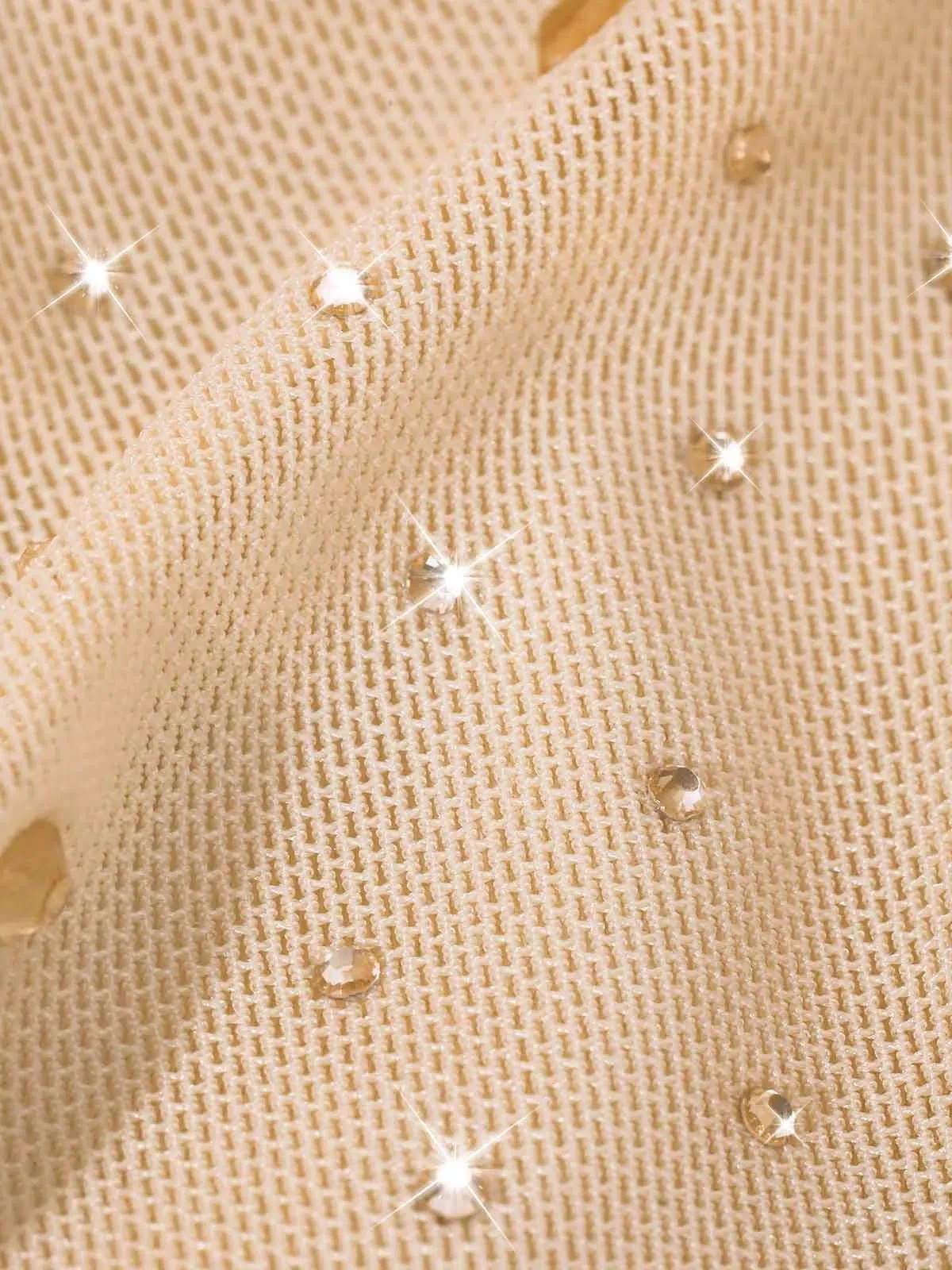Beige crystal mesh fabric with scattered rhinestones, for slimming slip dress.