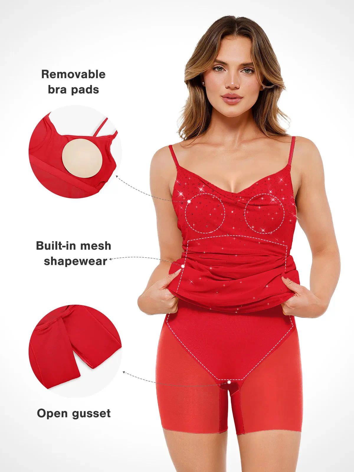 Shapewear crystal mesh slimming maxi slip dress in red with built-in support.