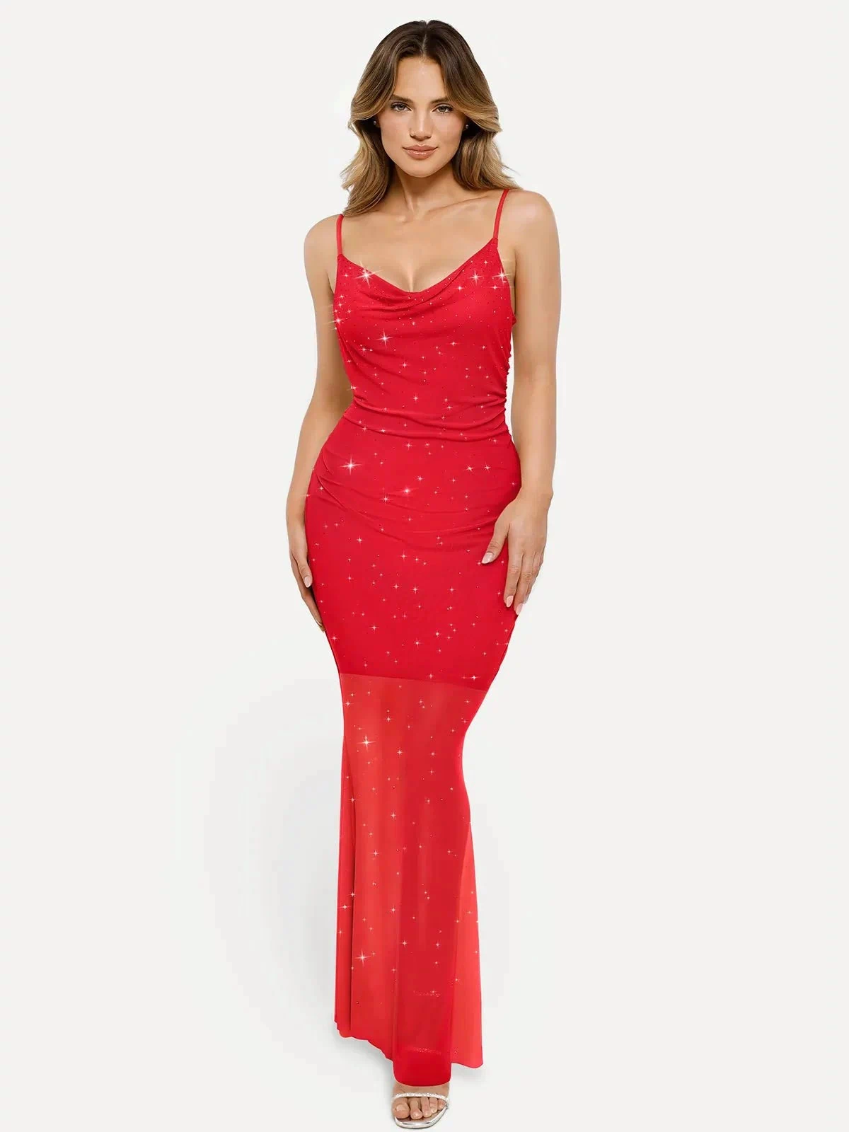 Red shapewear maxi slip dress with crystal mesh and rhinestones.