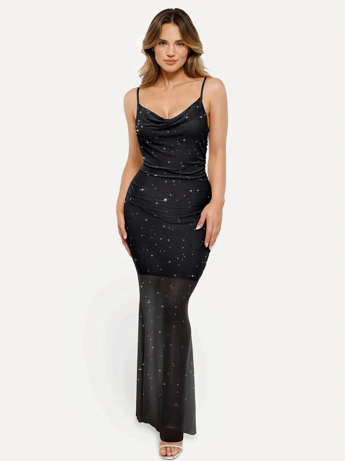 Popilush® Diamonds Bodycon Party Cocktail Evening Gown Shapewear Heat-Set Crystal Mesh Slimming Maxi Slip Dress