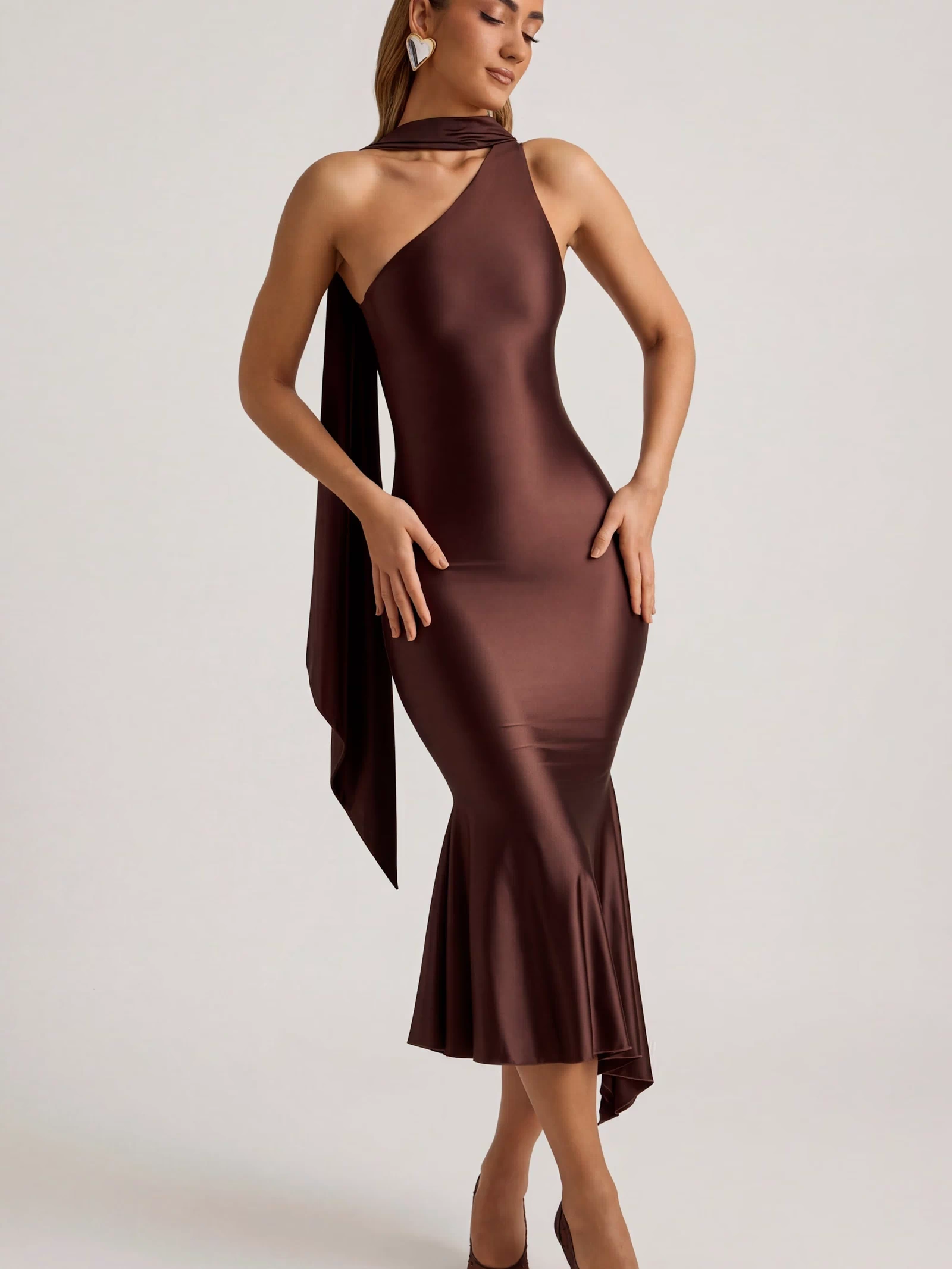Asymmetric Scarf-Detail Midaxi Dress in Chocolate Brown