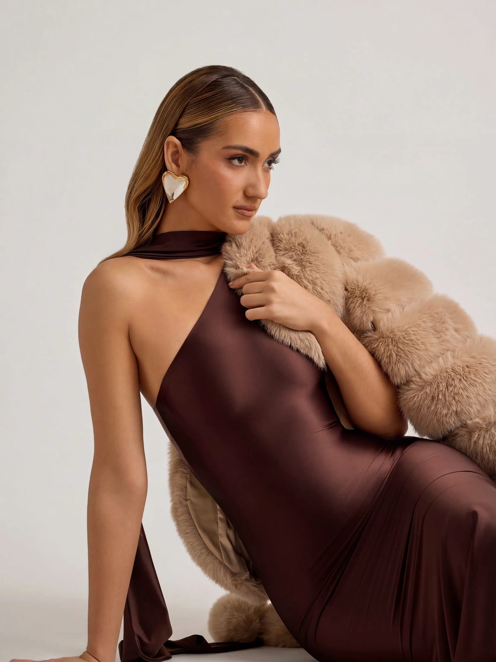 Oh Polly's Priscilla wearing the Shaya Midaxi Dress in Chocolate Brown Satin Jersey fabric perfect for upscale birthday events