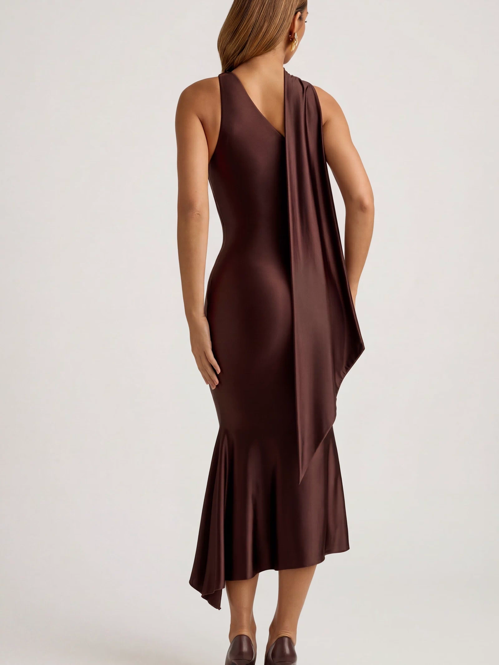 Oh Polly's Priscilla wearing the Shaya Midaxi Dress in Chocolate Brown Satin Jersey fabric perfect for cocktail party nights