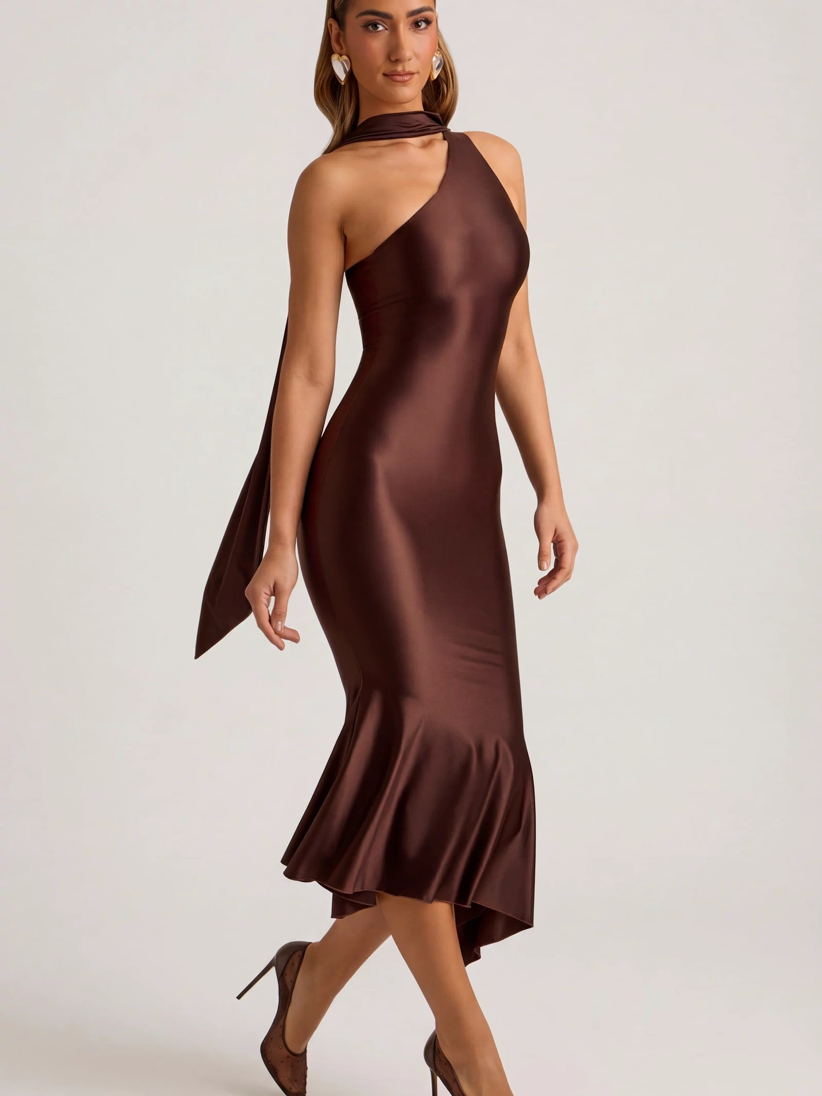 Oh Polly's Priscilla wearing the Shaya Midaxi Dress in Chocolate Brown Satin Jersey fabric perfect for chic rooftop gatherings