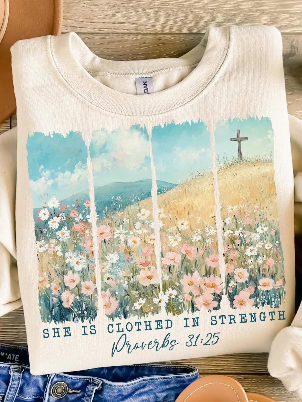 She Is Clothed In Strength Sand Unisex Sweatshirt