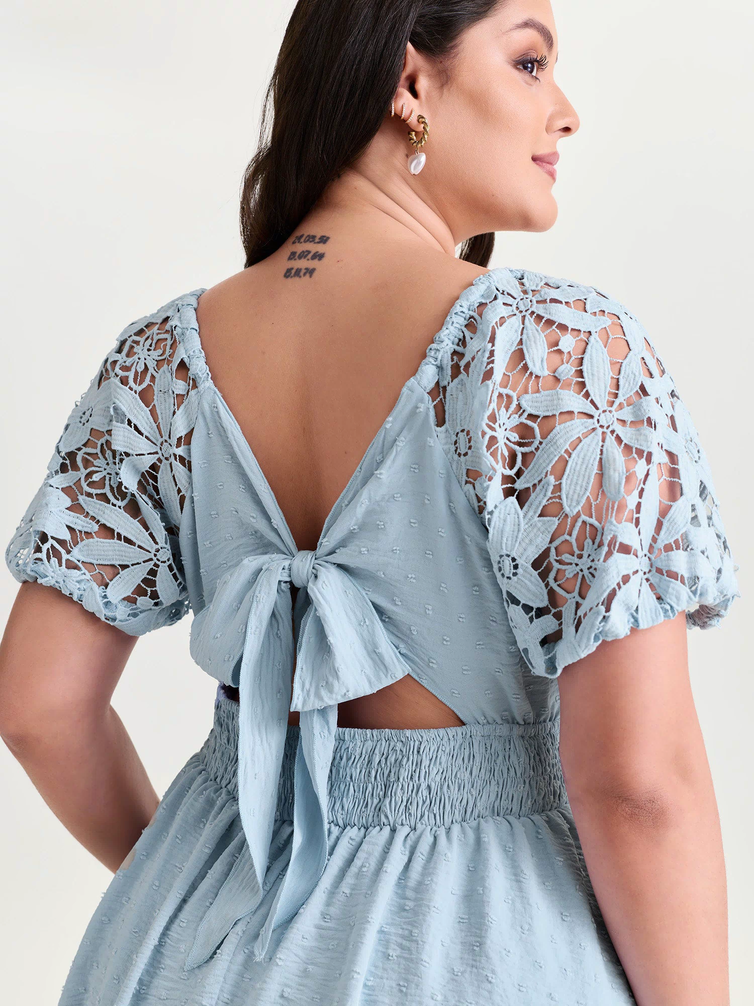 Sheer Lace Sleeve Open Back Mini Dress