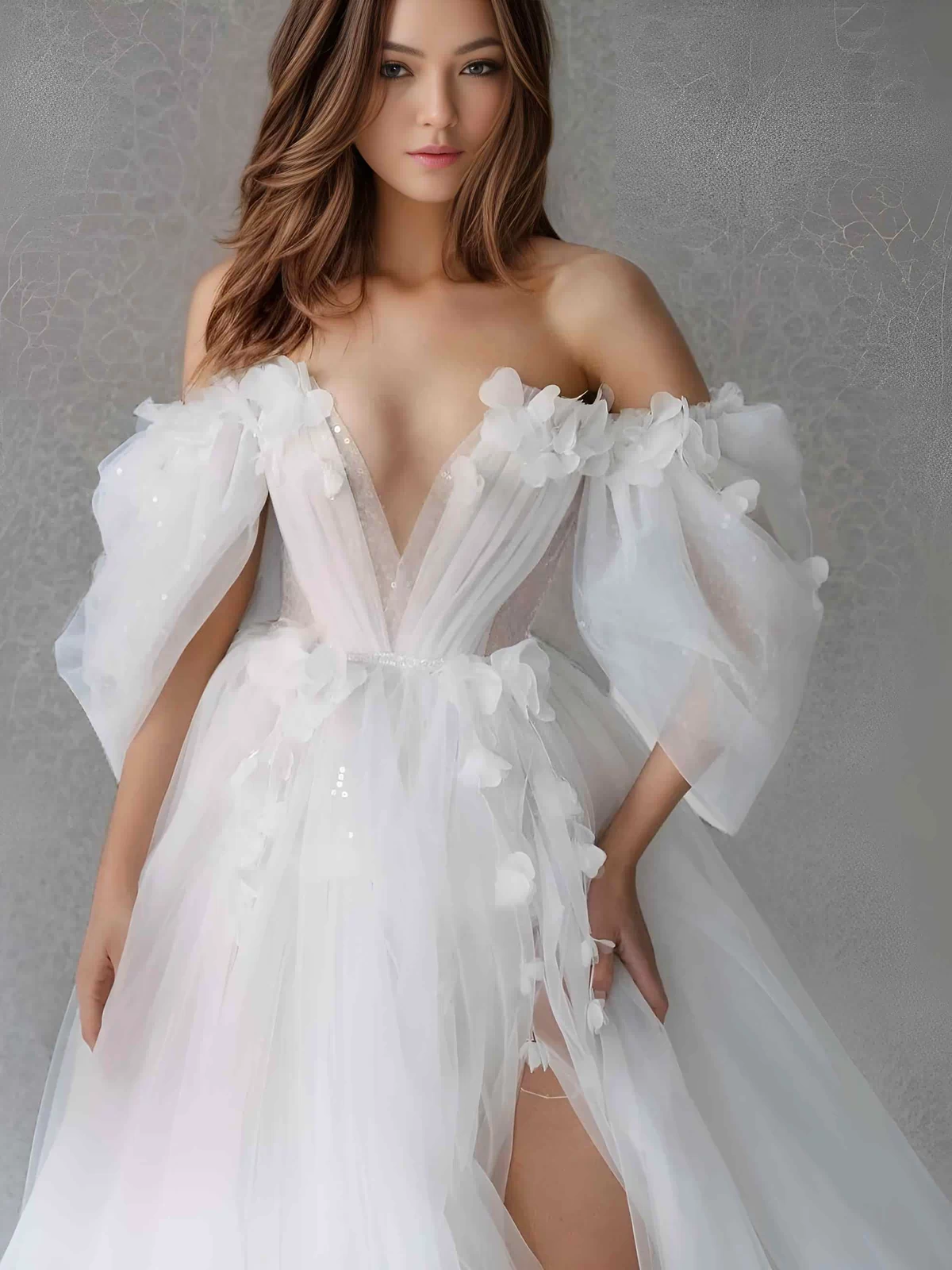 Close-up of the 3D floral appliques on the SHERYL gown.