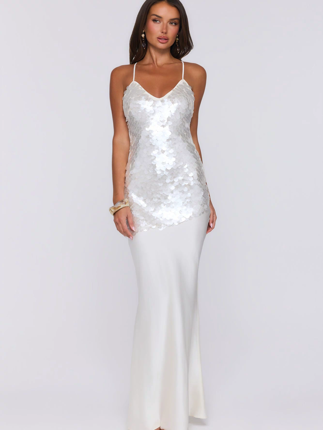 Shimmer Glow Sequin Maxi Dress Ecru White