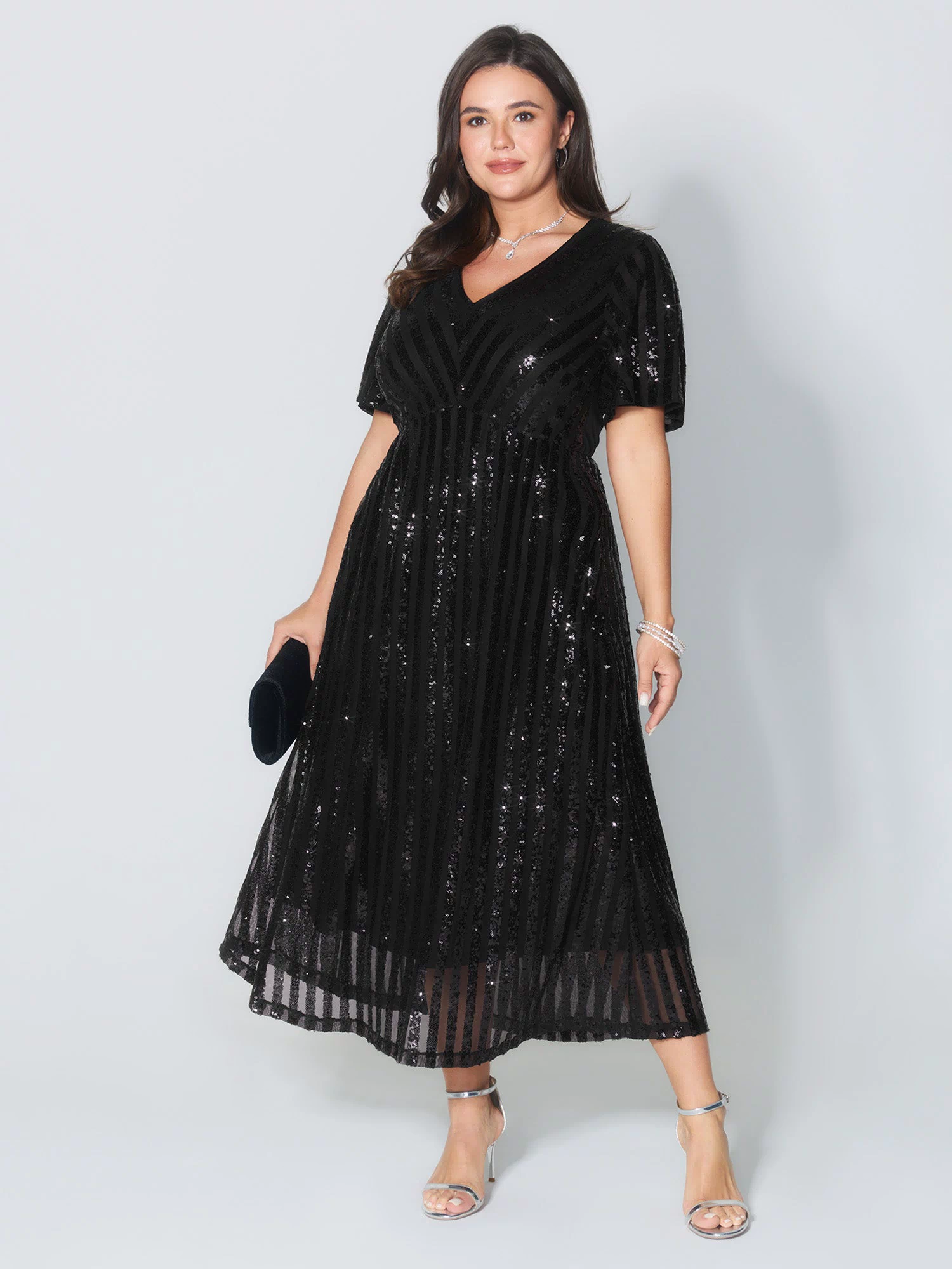 Shimmery Sequin V-Neck Midi Dress