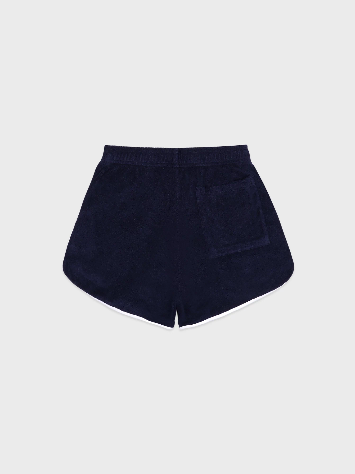 Navy shorts with white trim on a light gray background
