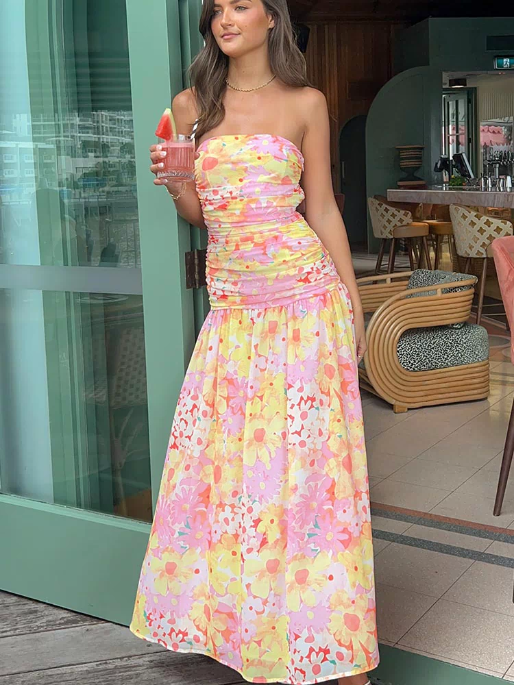 Sinclair Yellow Floral Print Strapless Maxi Dress