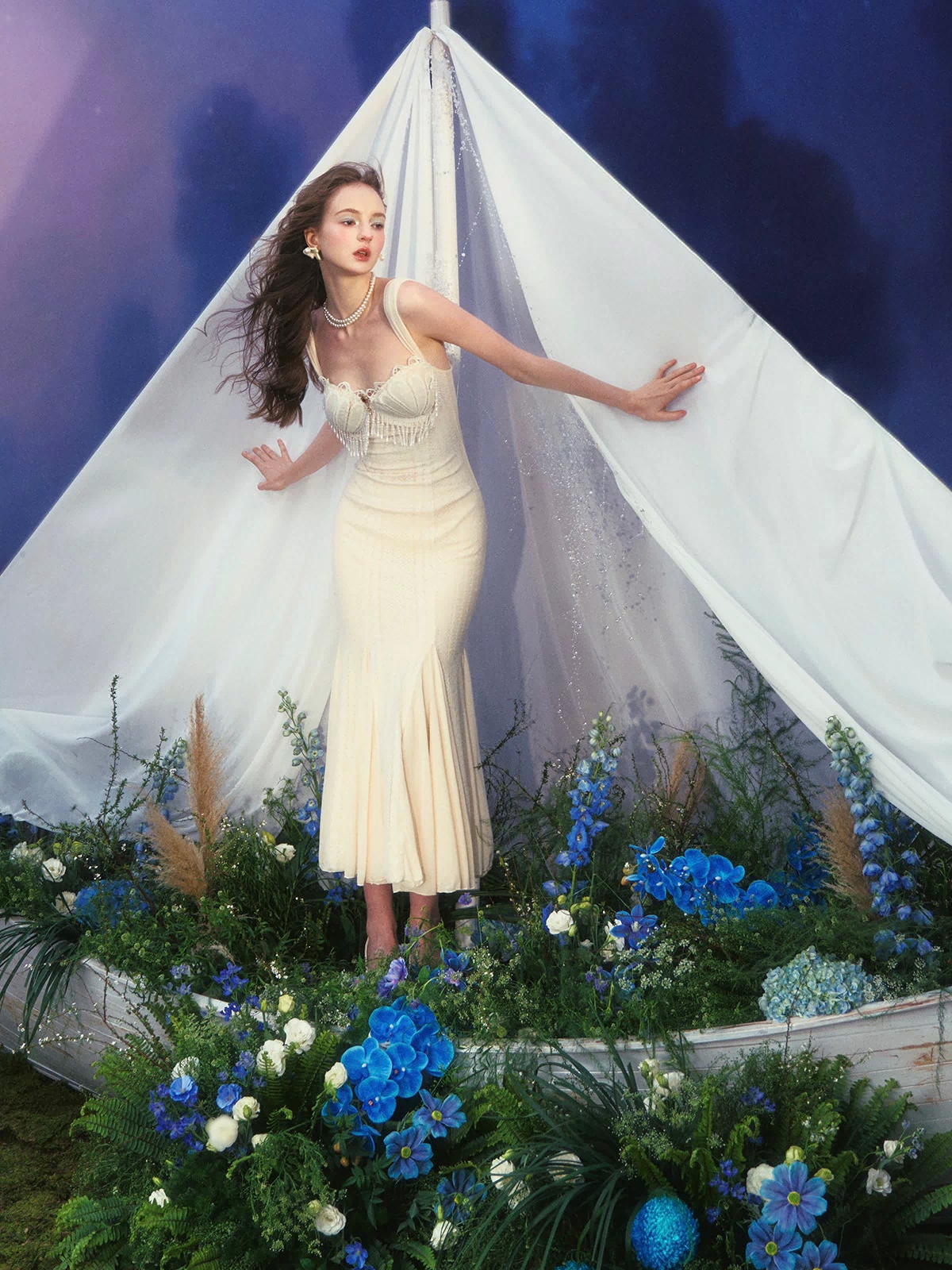 Lacemade romantic white lace dress with vintage mermaid aesthetic
