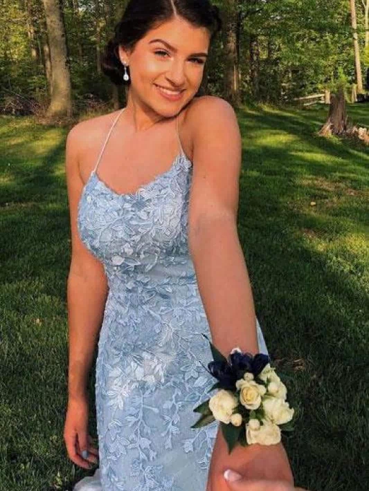 Light Blue Appliques Spaghetti Straps Lace-Up Mermaid Prom Dress