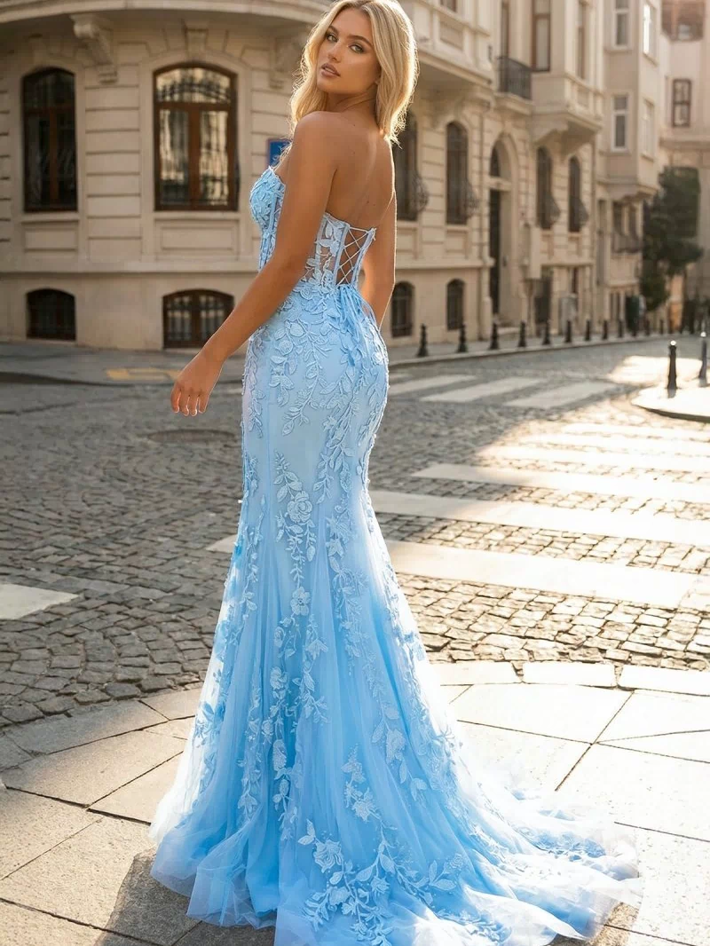 Mermaid Strapless Lace Prom Dress With Appliques - KissProm