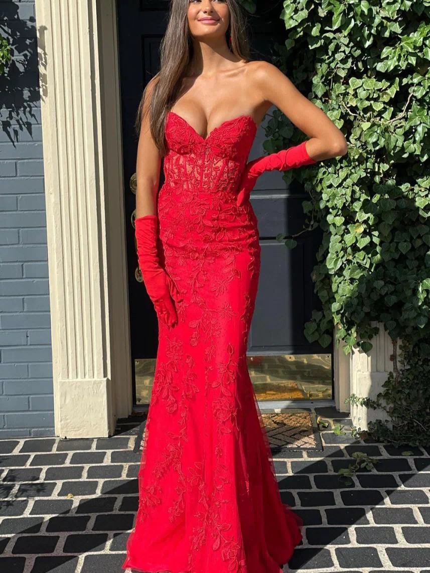 Evie |Mermaid Strapless Lace Prom Dress With Appliques