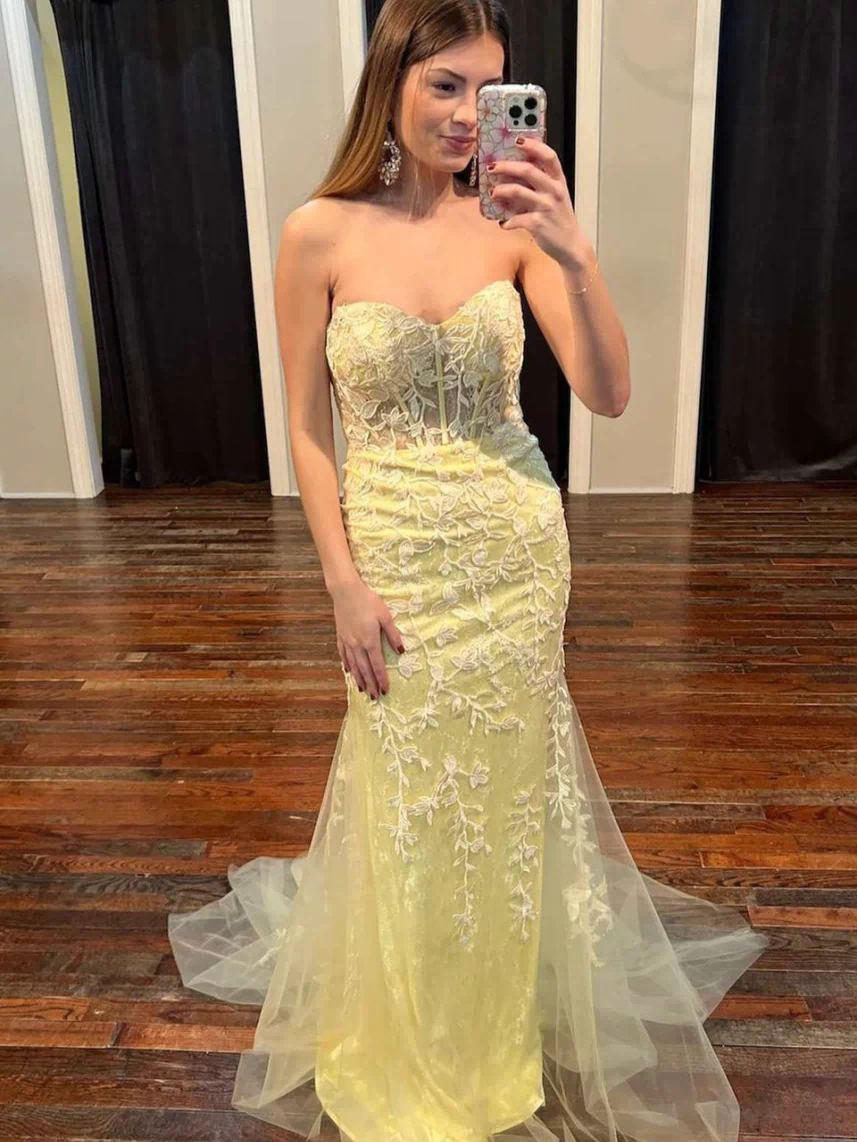 Evie |Mermaid Strapless Lace Prom Dress With Appliques