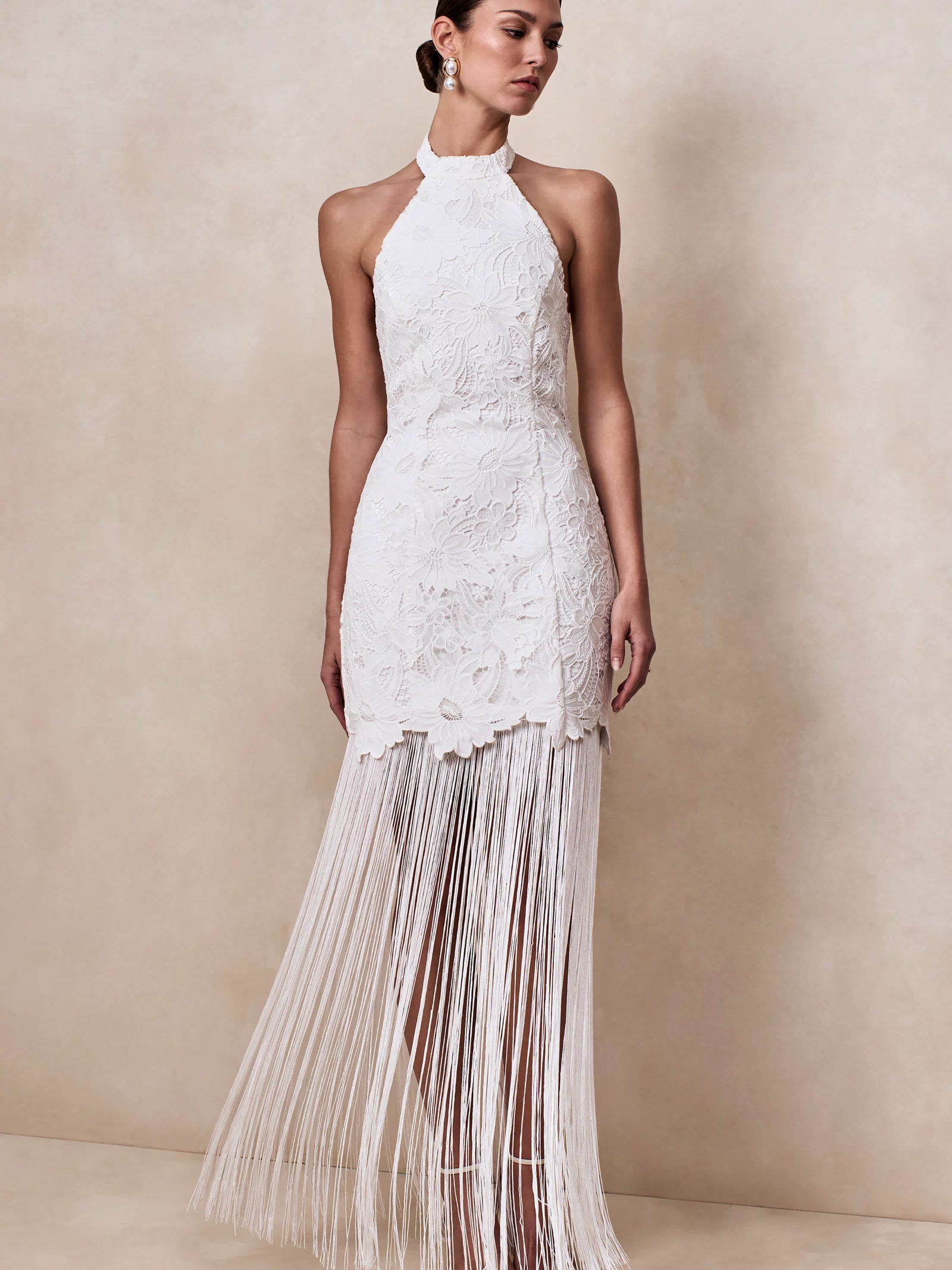 Skylar | White Lace Halter-Neck Maxi Dress With Open-Back And Bow Detail